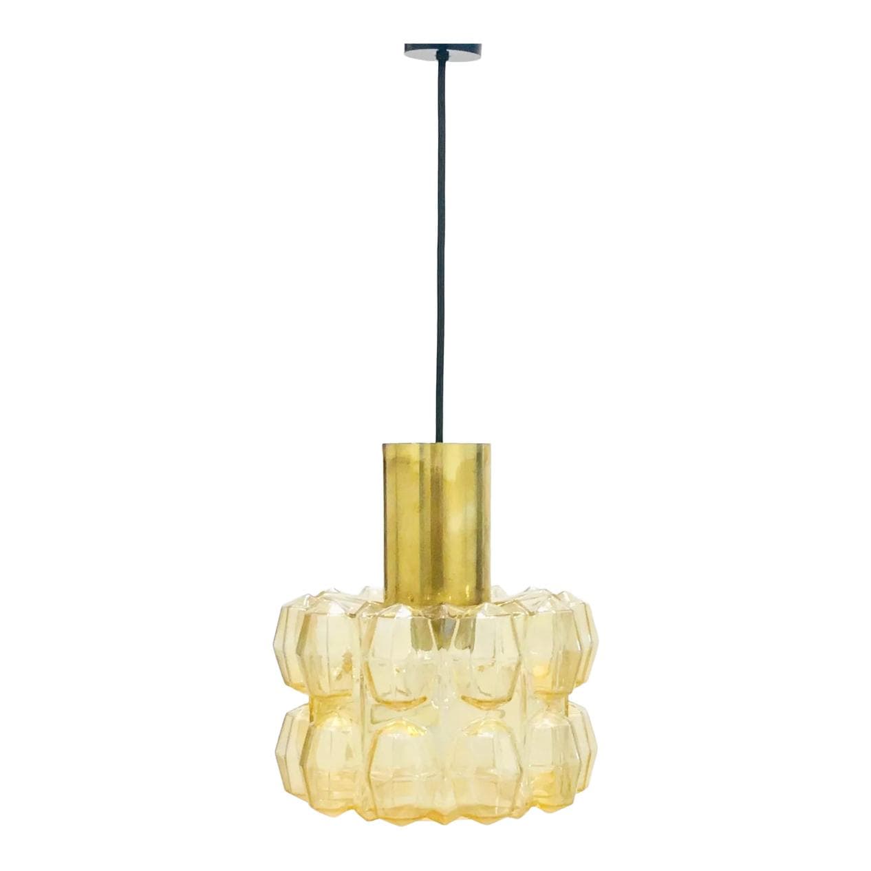 Lampa wisząca, szkło złote przezroczyste, mosiądz, proj. H. Tynell, Limburg, Niemcy, lata 60.