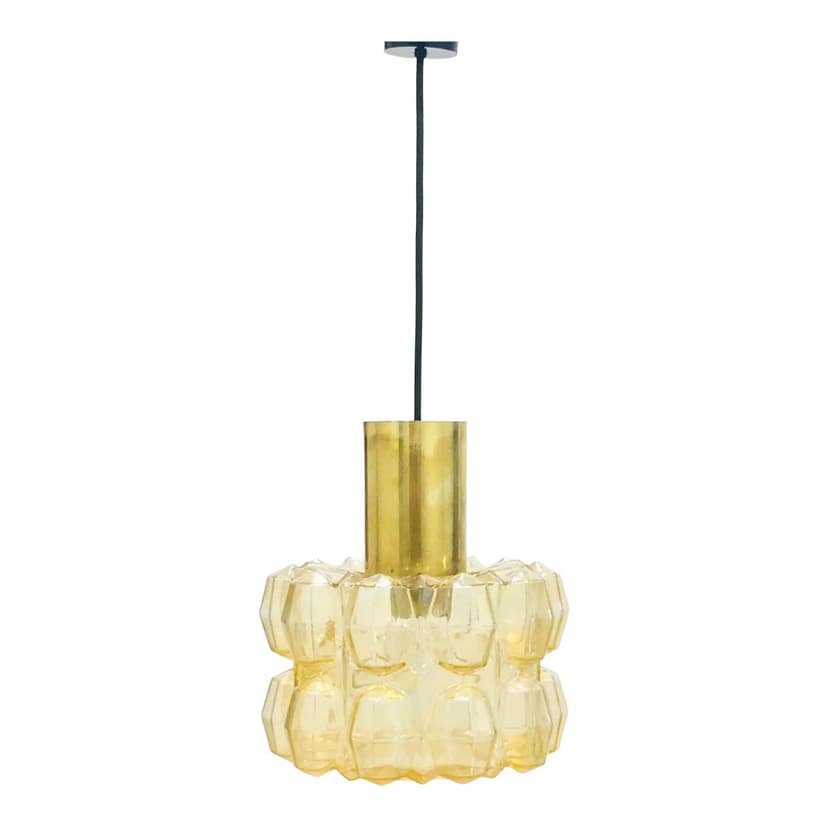 Lampa wisząca, szkło złote przezroczyste, mosiądz, proj. H. Tynell, Limburg, Niemcy, lata 60.