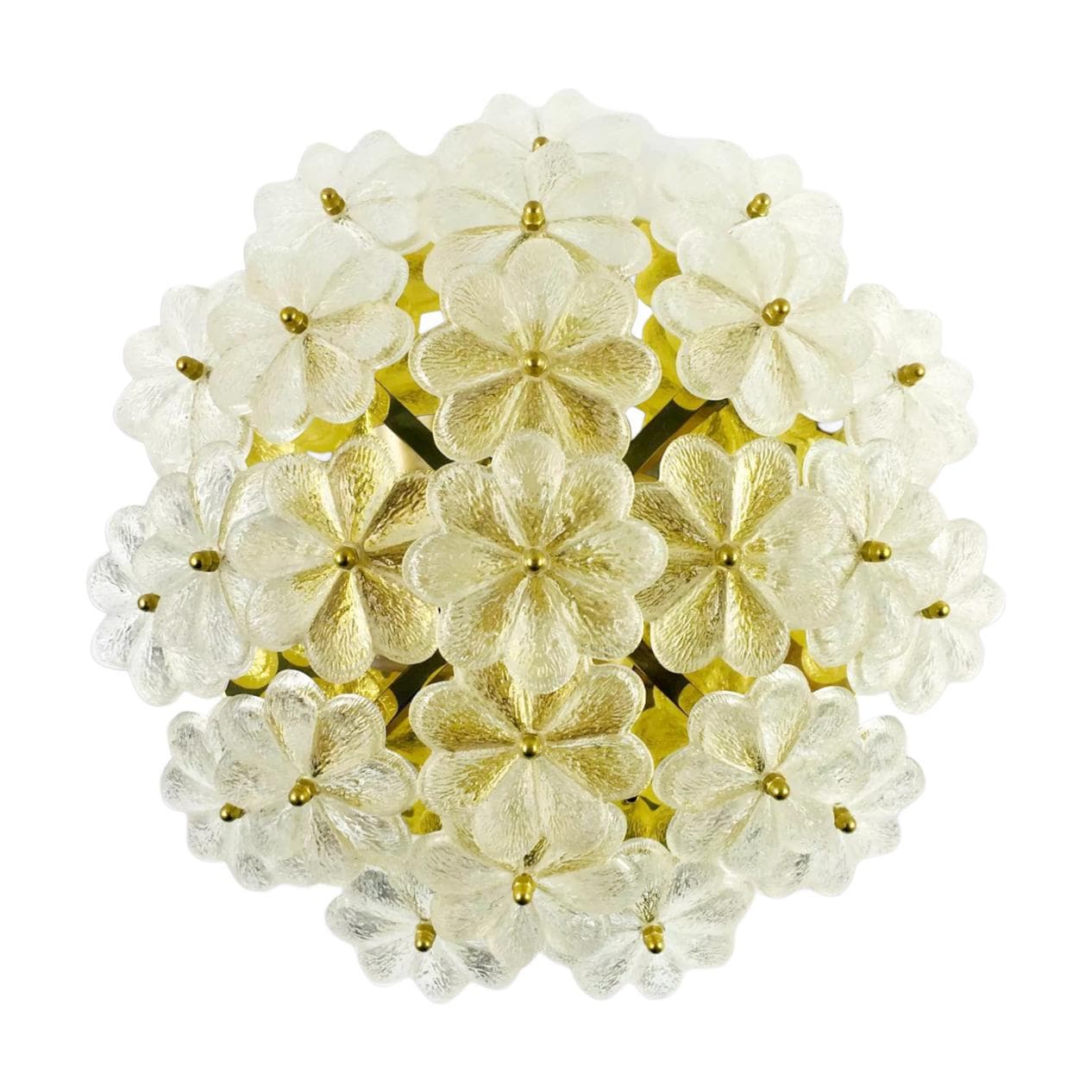 Lampa sufitowa kwiatowa, szkło Murano transparentne, kryształ, mosiądz złoty, Niemcy, lata 70.