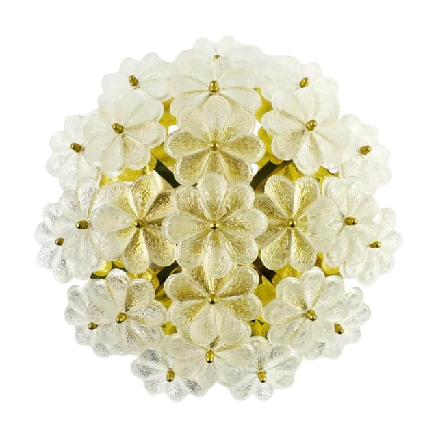 Lampa sufitowa kwiatowa, szkło Murano transparentne, kryształ, mosiądz złoty, Niemcy, lata 70. - WYMIARY