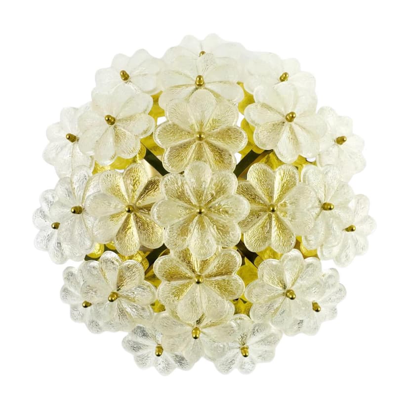 Lampa sufitowa kwiatowa, szkło Murano transparentne, kryształ, mosiądz złoty, Niemcy, lata 70.