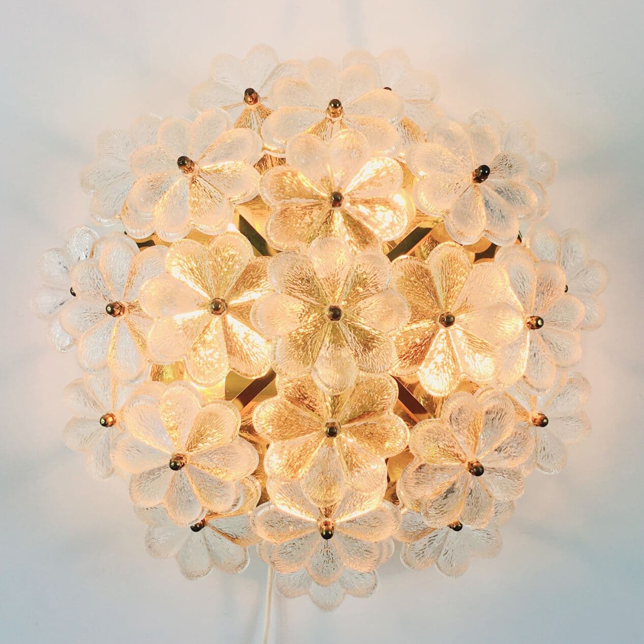 Lampa sufitowa kwiatowa, szkło Murano transparentne, kryształ, mosiądz złoty, Niemcy, lata 70. - 295813