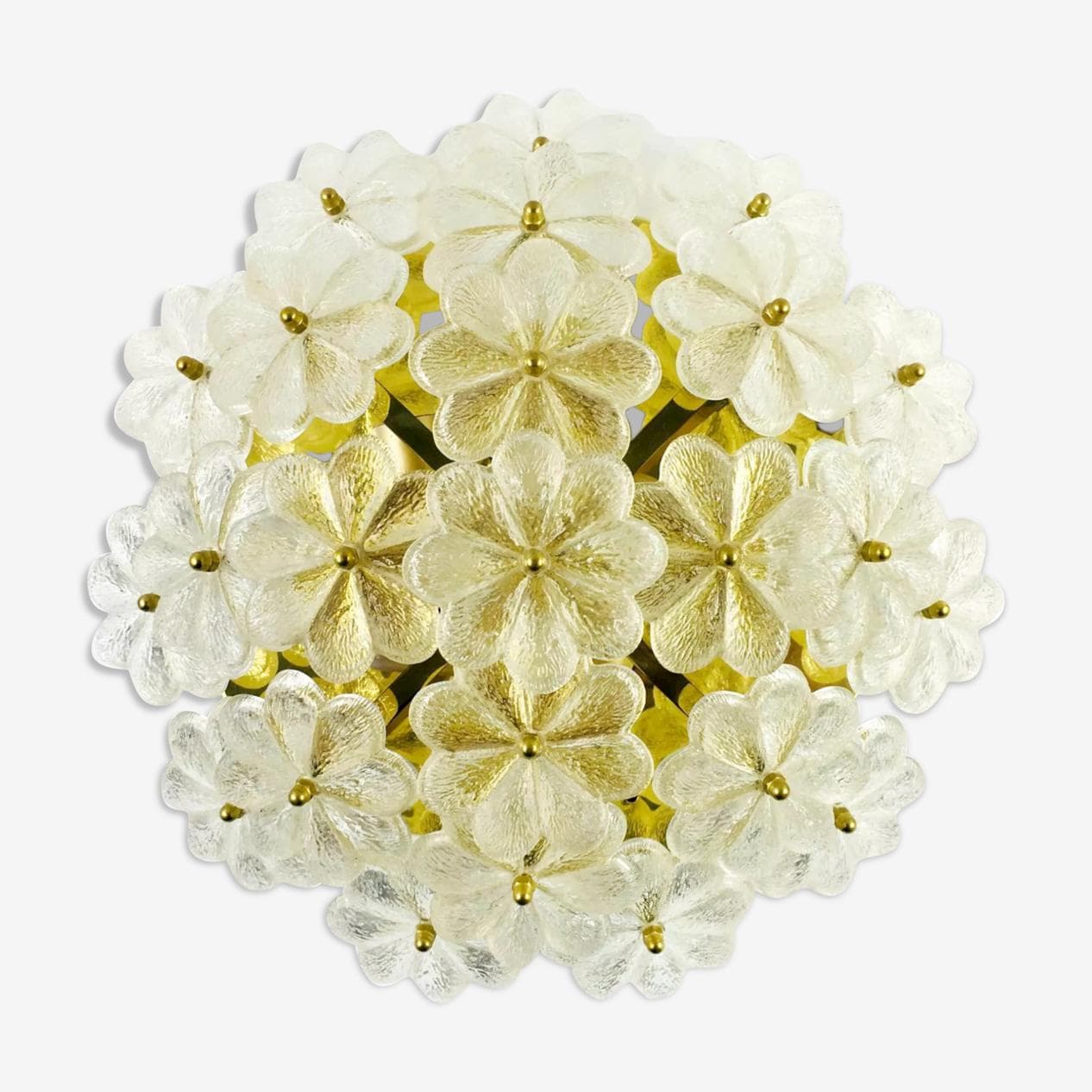 Lampa sufitowa kwiatowa, szkło Murano transparentne, kryształ, mosiądz złoty, Niemcy, lata 70. - 295807