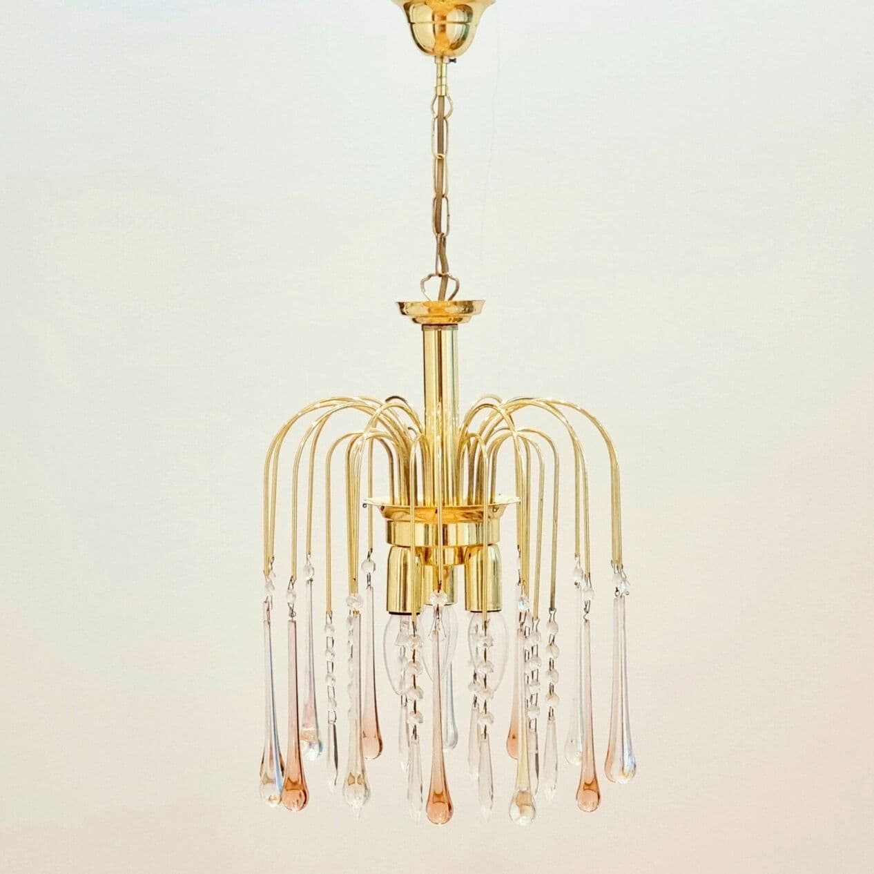 Żyrandol Waterfall, szkło Murano transparentne i różowe, mosiądz złoty, Włochy, lata 70. - 295652