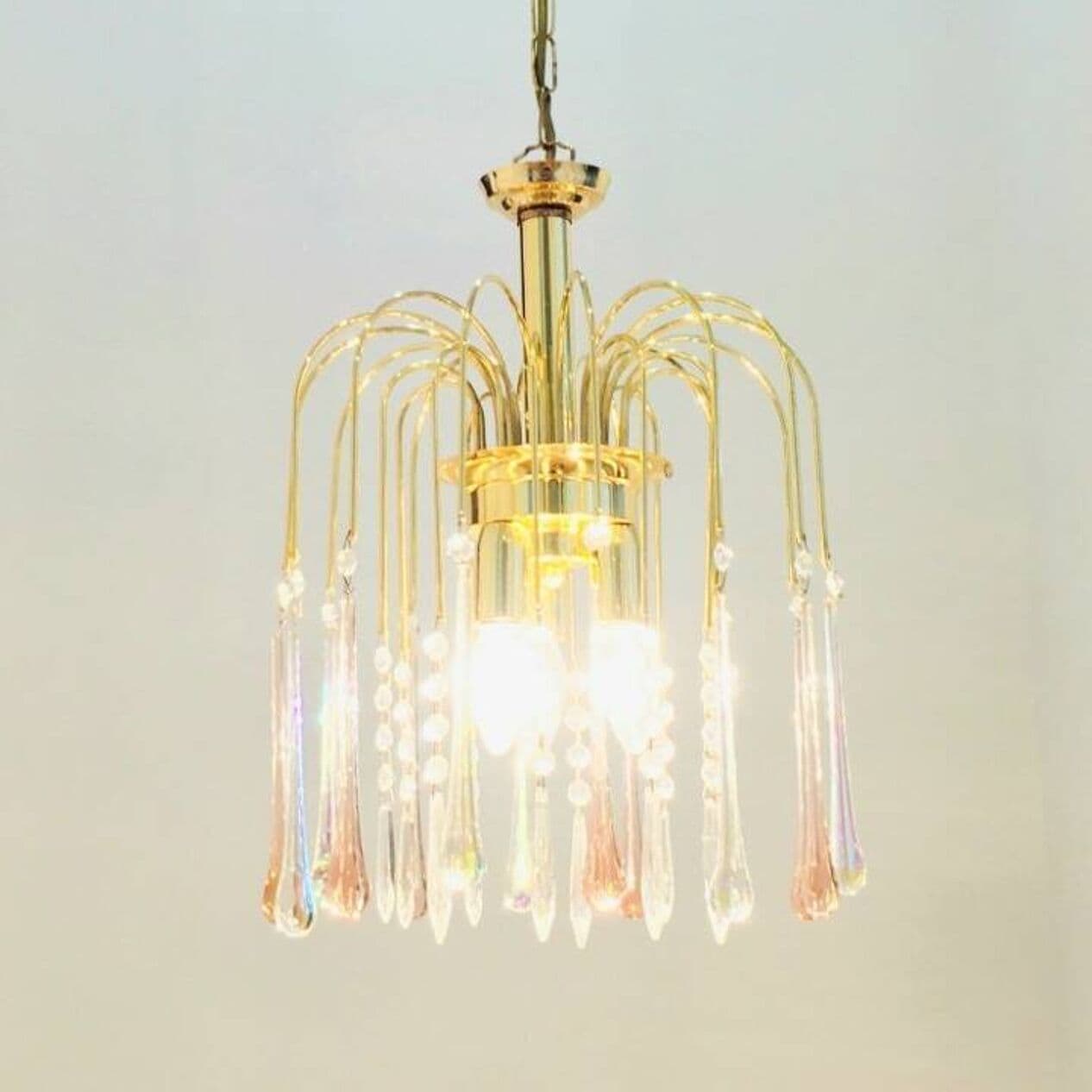 Żyrandol Waterfall, szkło Murano transparentne i różowe, mosiądz złoty, Włochy, lata 70. - 295654