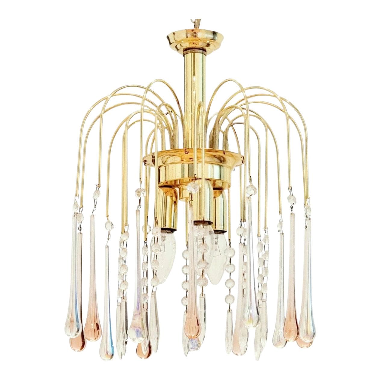 Żyrandol Waterfall, szkło Murano transparentne i różowe, mosiądz złoty, Włochy, lata 70.