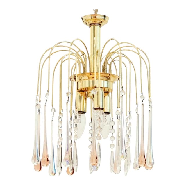 Żyrandol Waterfall, szkło Murano transparentne i różowe, mosiądz złoty, Włochy, lata 70. - WYMIARY