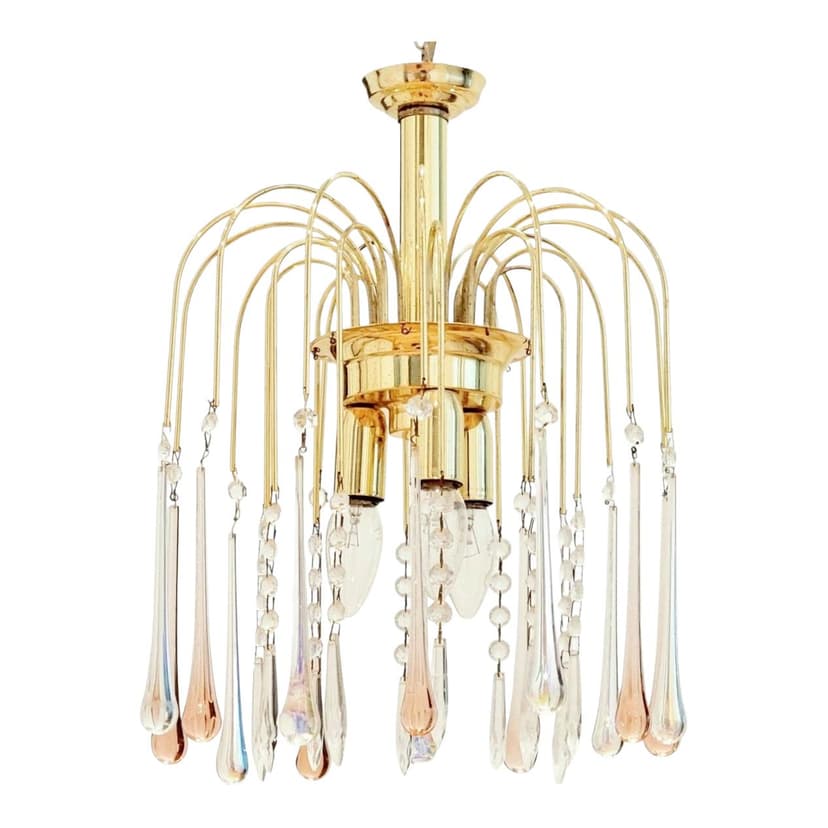 Żyrandol Waterfall, szkło Murano transparentne i różowe, mosiądz złoty, Włochy, lata 70.