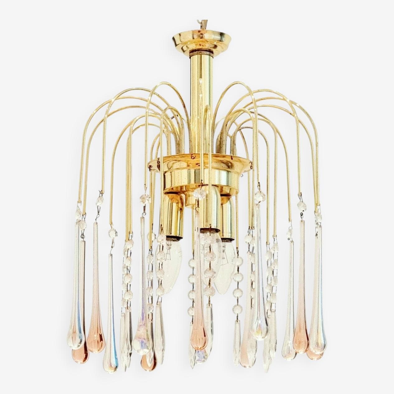 Żyrandol Waterfall, szkło Murano transparentne i różowe, mosiądz złoty, Włochy, lata 70. - 295650