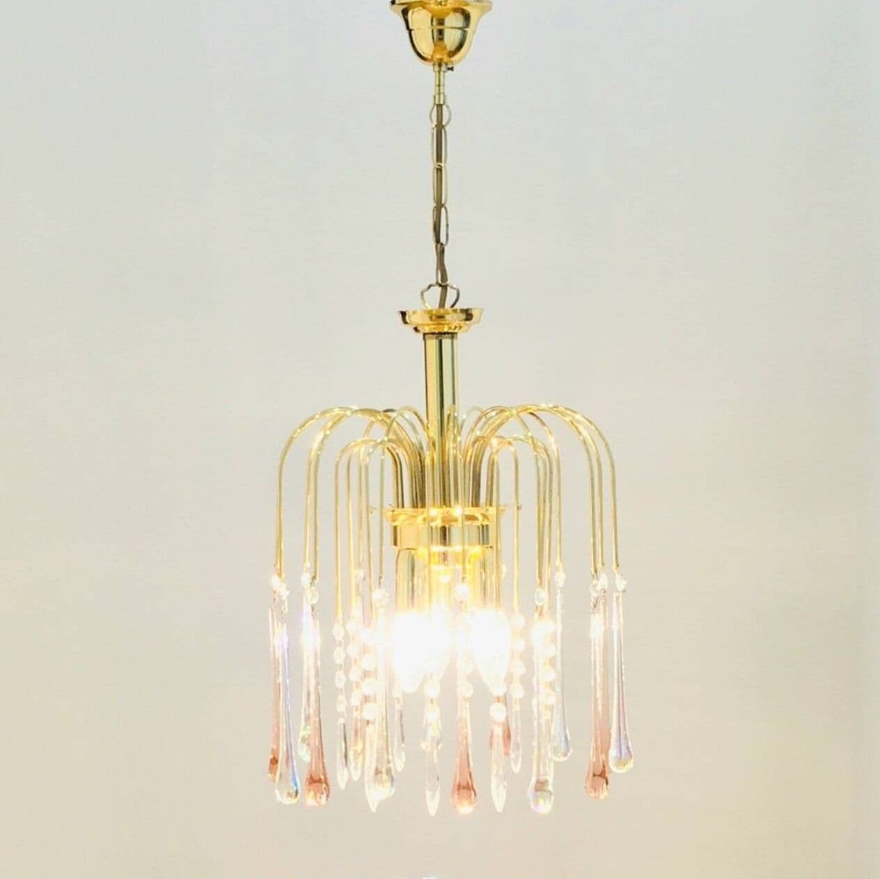 Żyrandol Waterfall, szkło Murano transparentne i różowe, mosiądz złoty, Włochy, lata 70. - 295653