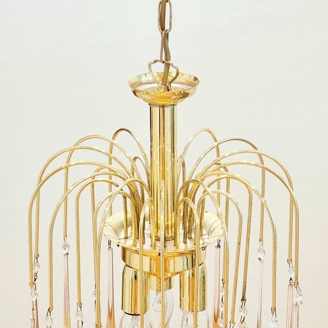 Żyrandol Waterfall, szkło Murano transparentne i różowe, mosiądz złoty, Włochy, lata 70. - 295657