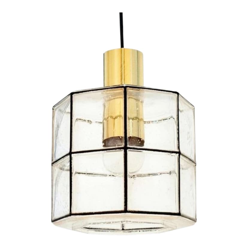 Lampa sufitowa, szkło transparentne, mosiądz złoty, żelazo czarne, Limburg, Niemcy, lata 60.