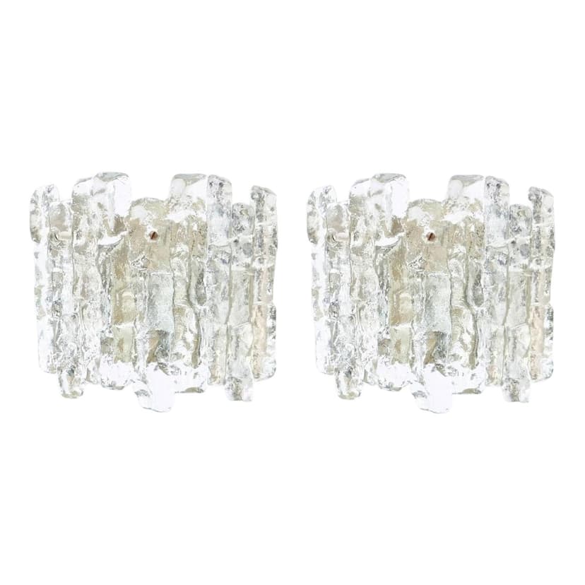 Para kinkietów Ice Glass, szkło transparentne, chrom, Kalmar Franken, Austria, lata 60.