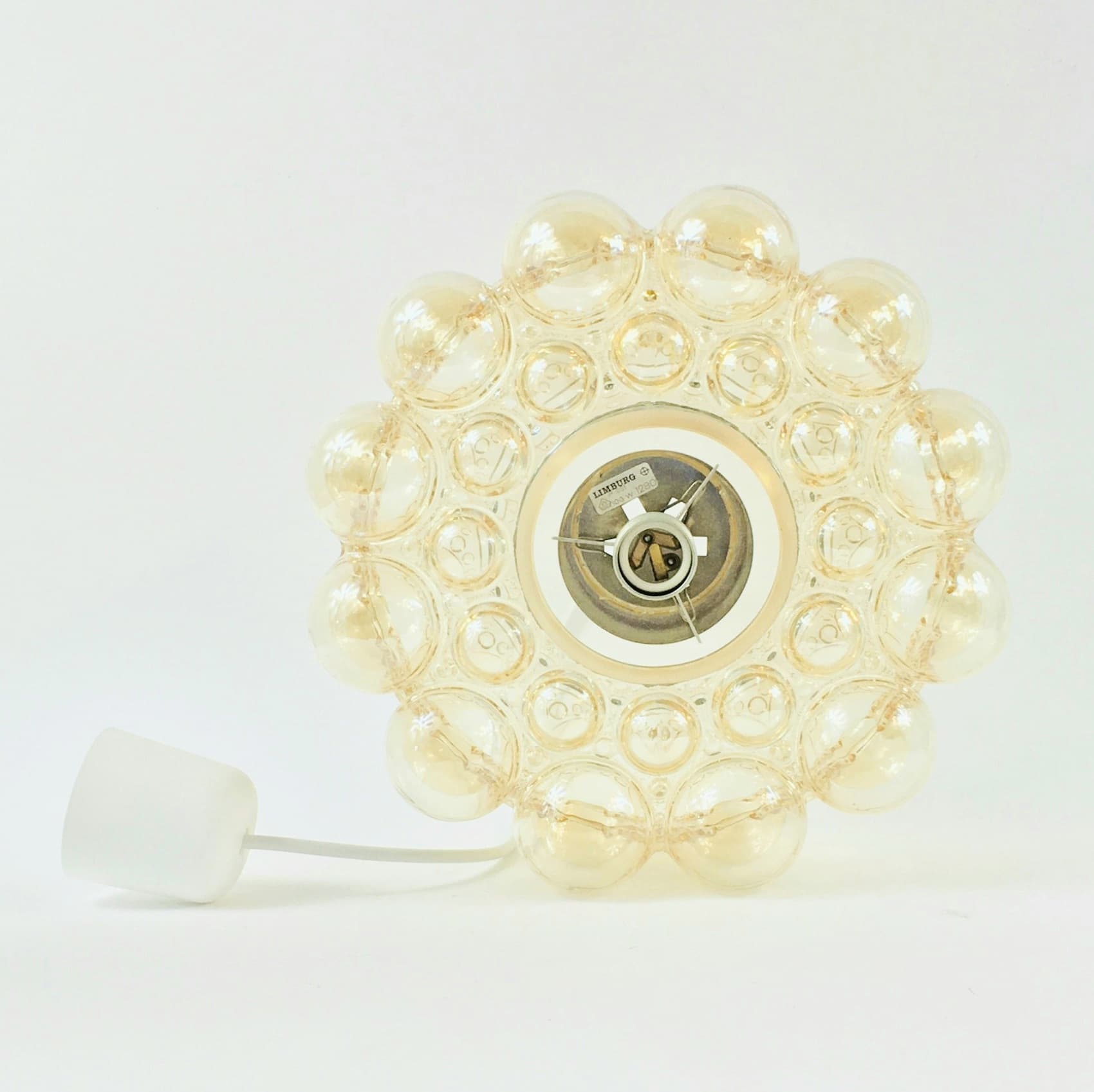 Ceiling Lamp Bubble, transparent light amber glass, gold brass, by H. Tynell, Limburg, Germany, 1970s - 304685