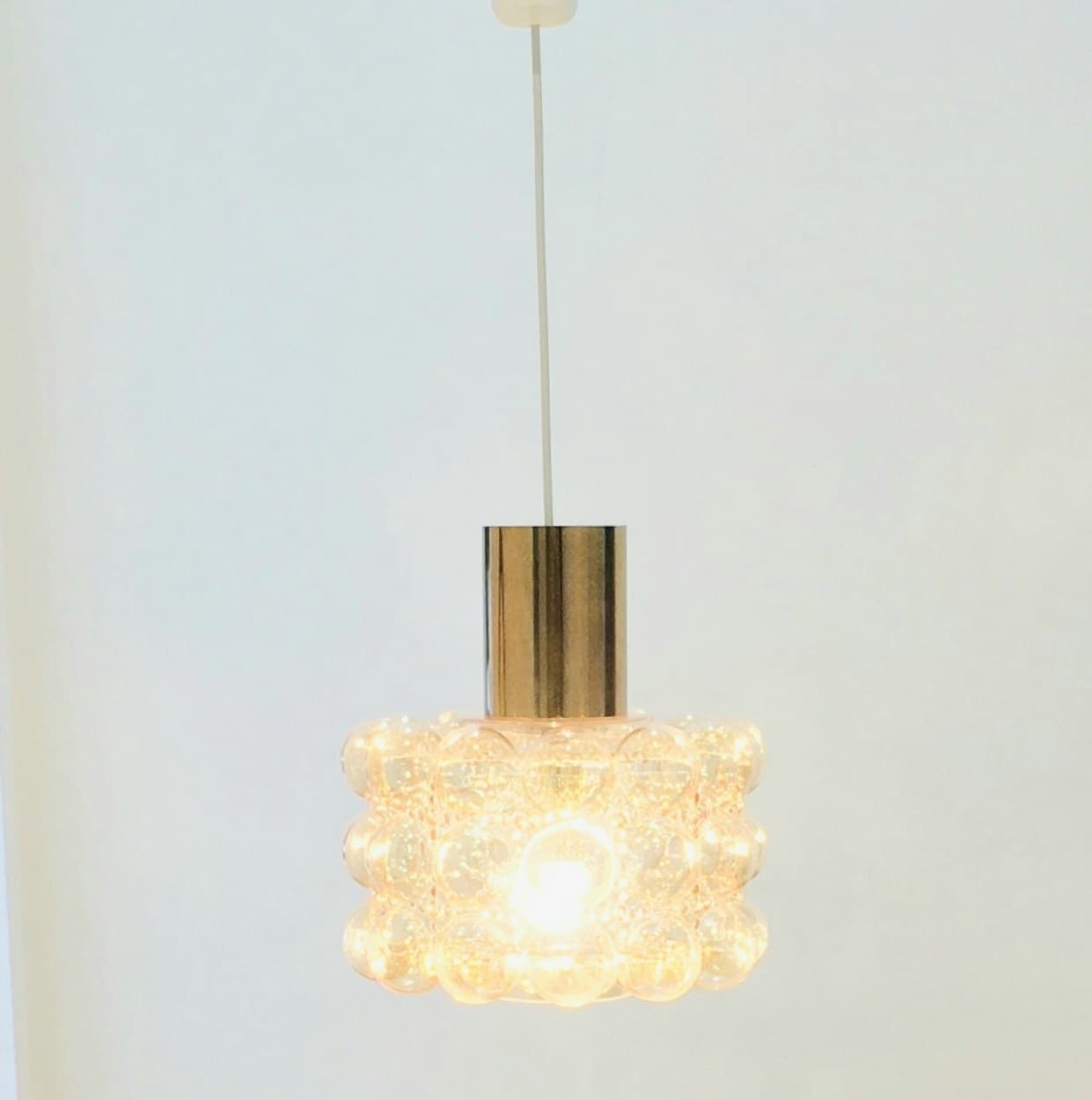Ceiling Lamp Bubble, transparent light amber glass, gold brass, by H. Tynell, Limburg, Germany, 1970s - 304683
