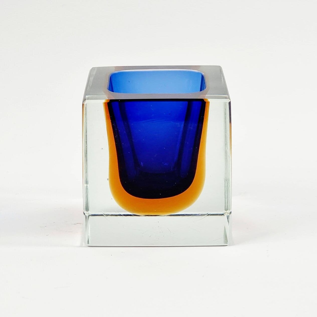 Catch-All Sommerso, blue orange transparent glass, by F. Poli, Murano, Italy, 1960s. - 295432