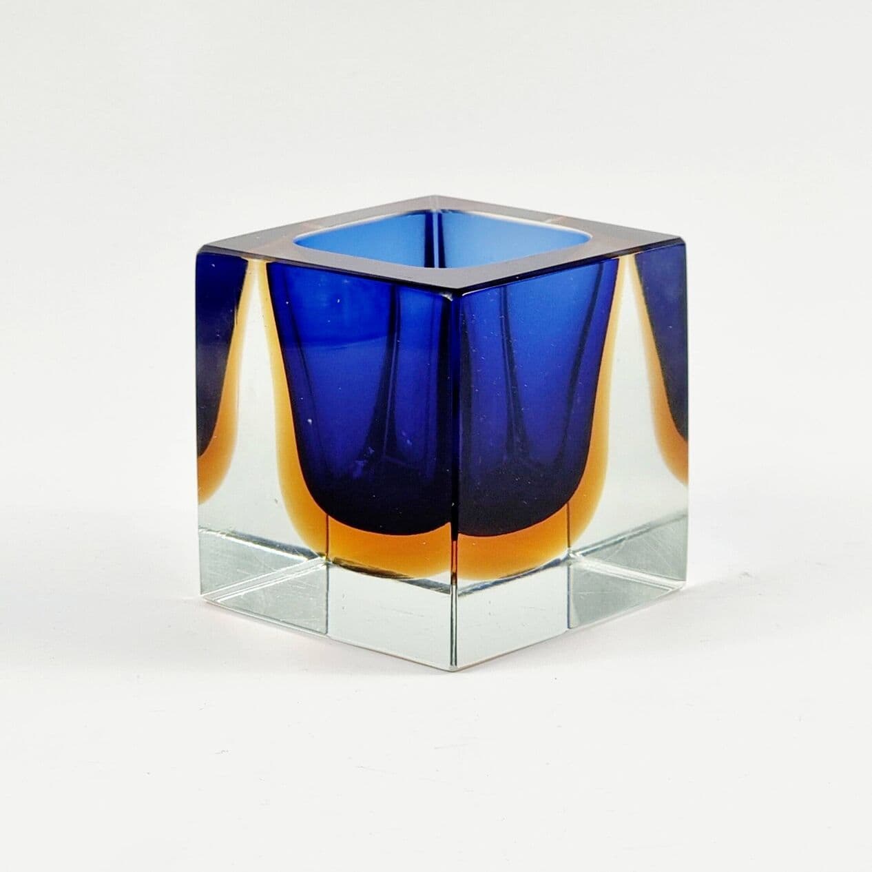 Catch-All Sommerso, blue orange transparent glass, by F. Poli, Murano, Italy, 1960s. - 295433