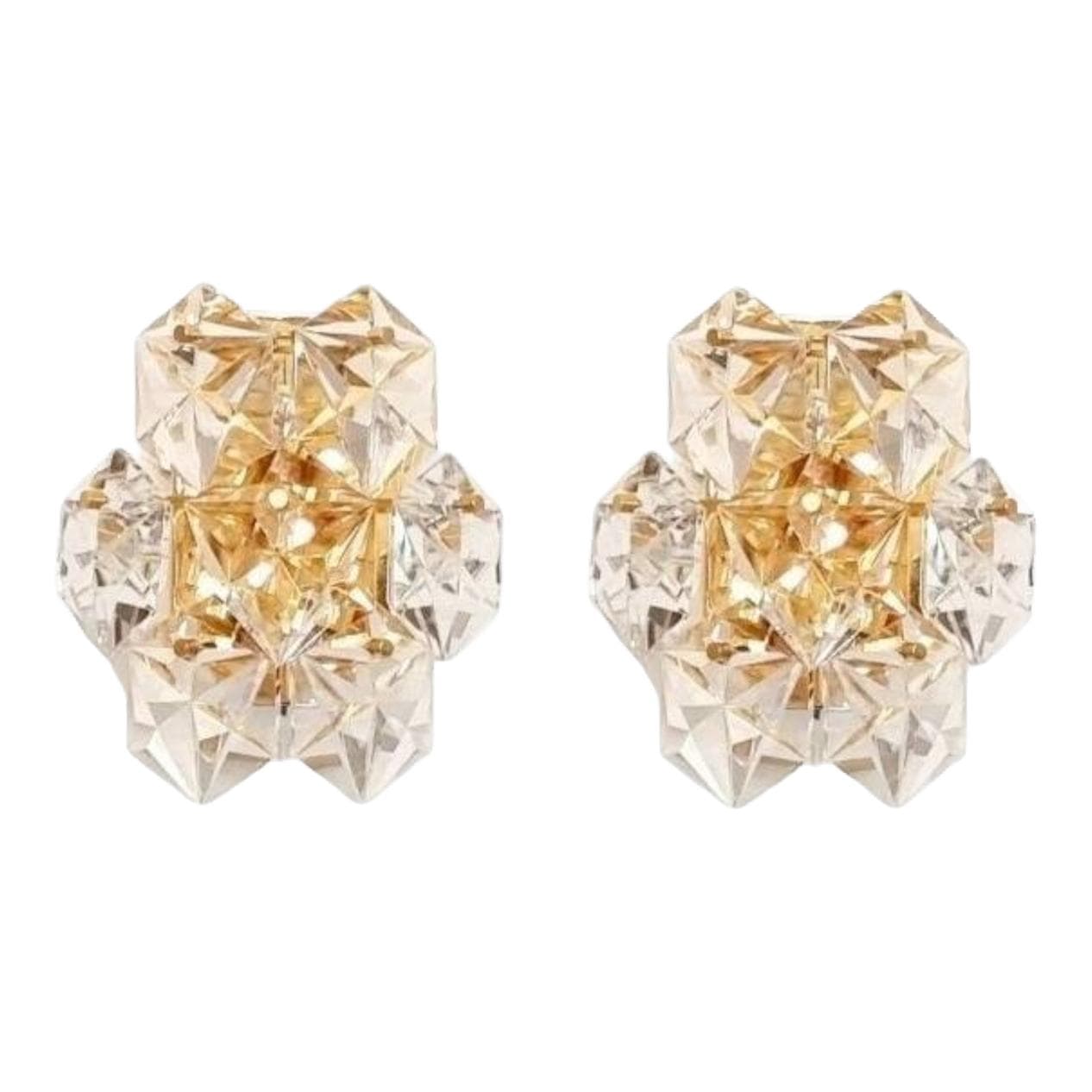 Pair of wall sconces, transparent crystal, gold brass, Germany, 1970s.