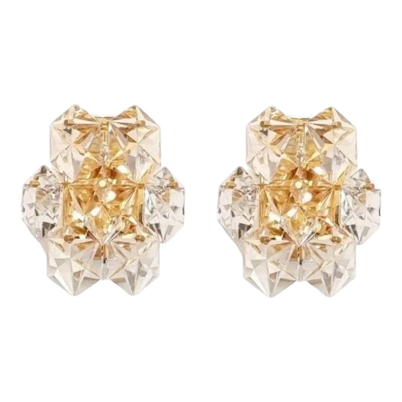 Pair of wall sconces, transparent crystal, gold brass, Germany, 1970s.