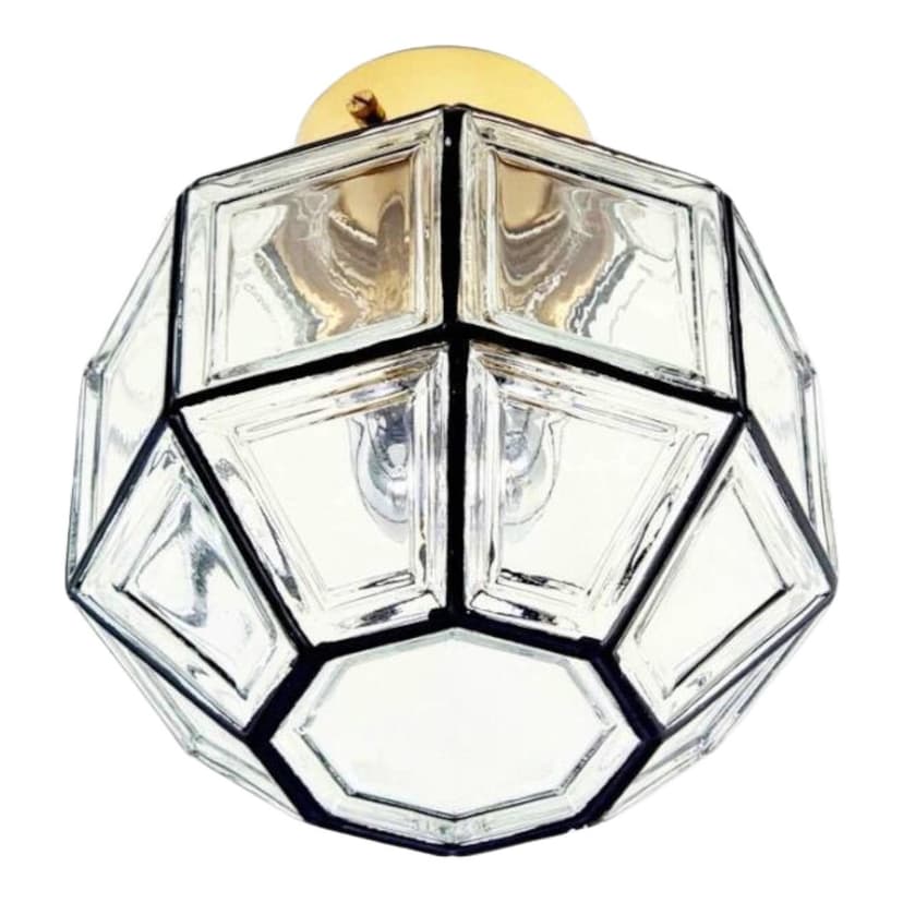 Lampa sufitowa, szkło transparentne, mosiądz złoty, metal czarny, Niemcy, lata 60.
