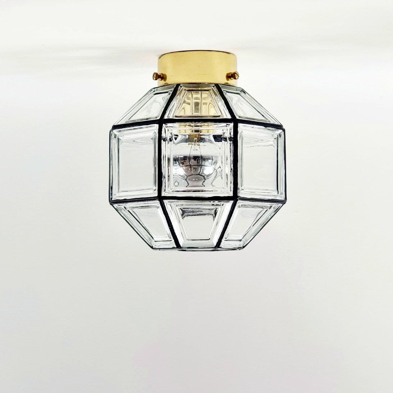 Lampa sufitowa, szkło transparentne, mosiądz złoty, metal czarny, Niemcy, lata 60. - 295334