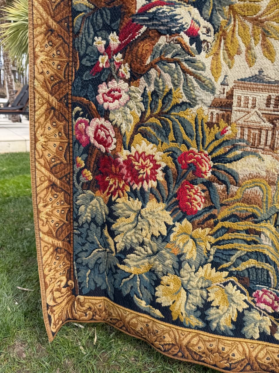 Gobelin Le Lignon, żółty niebieski zielony czerwony kremowy brązowy, wełna, Francja, lata 70. - 297150
