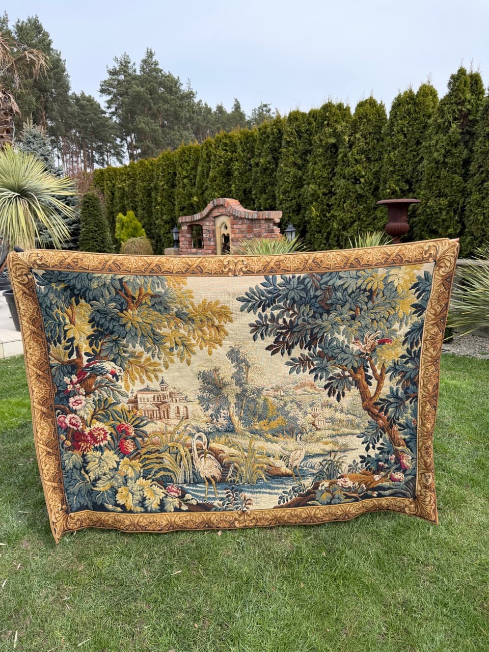Gobelin Le Lignon, żółty niebieski zielony czerwony kremowy brązowy, wełna, Francja, lata 70. - 297149