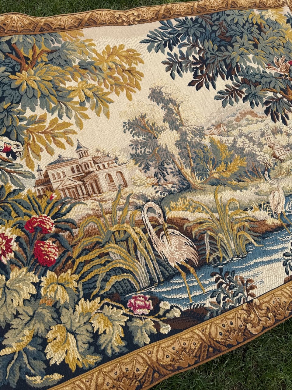 Gobelin Le Lignon, żółty niebieski zielony czerwony kremowy brązowy, wełna, Francja, lata 70. - 297160