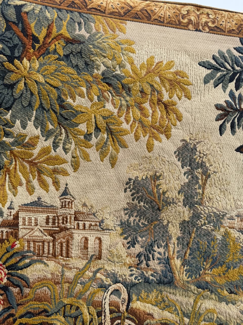 Gobelin Le Lignon, żółty niebieski zielony czerwony kremowy brązowy, wełna, Francja, lata 70. - 297151