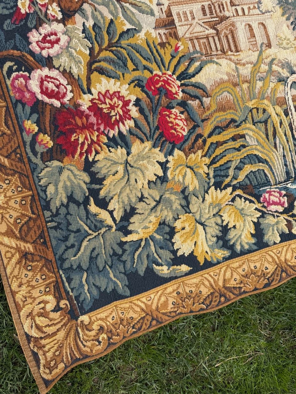 Gobelin Le Lignon, żółty niebieski zielony czerwony kremowy brązowy, wełna, Francja, lata 70. - 297159