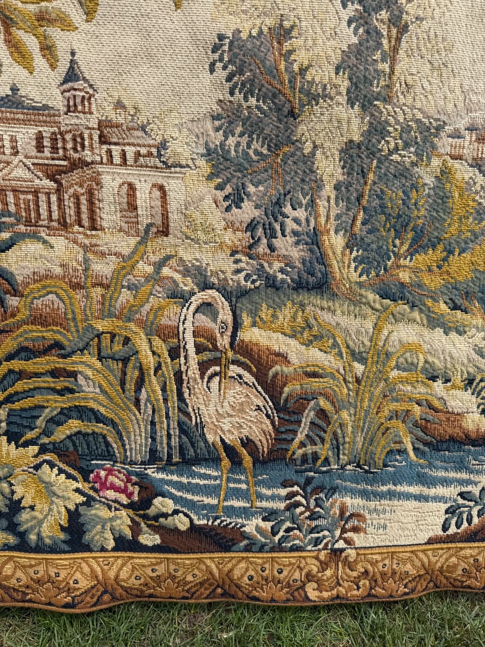 Gobelin Le Lignon, żółty niebieski zielony czerwony kremowy brązowy, wełna, Francja, lata 70. - 297152