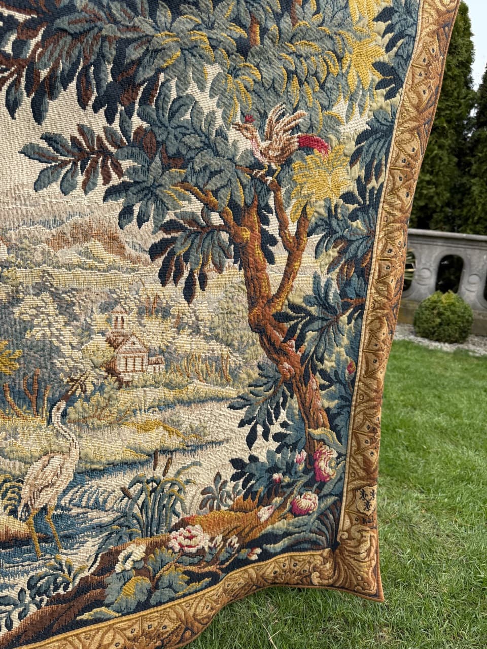Gobelin Le Lignon, żółty niebieski zielony czerwony kremowy brązowy, wełna, Francja, lata 70. - 297154