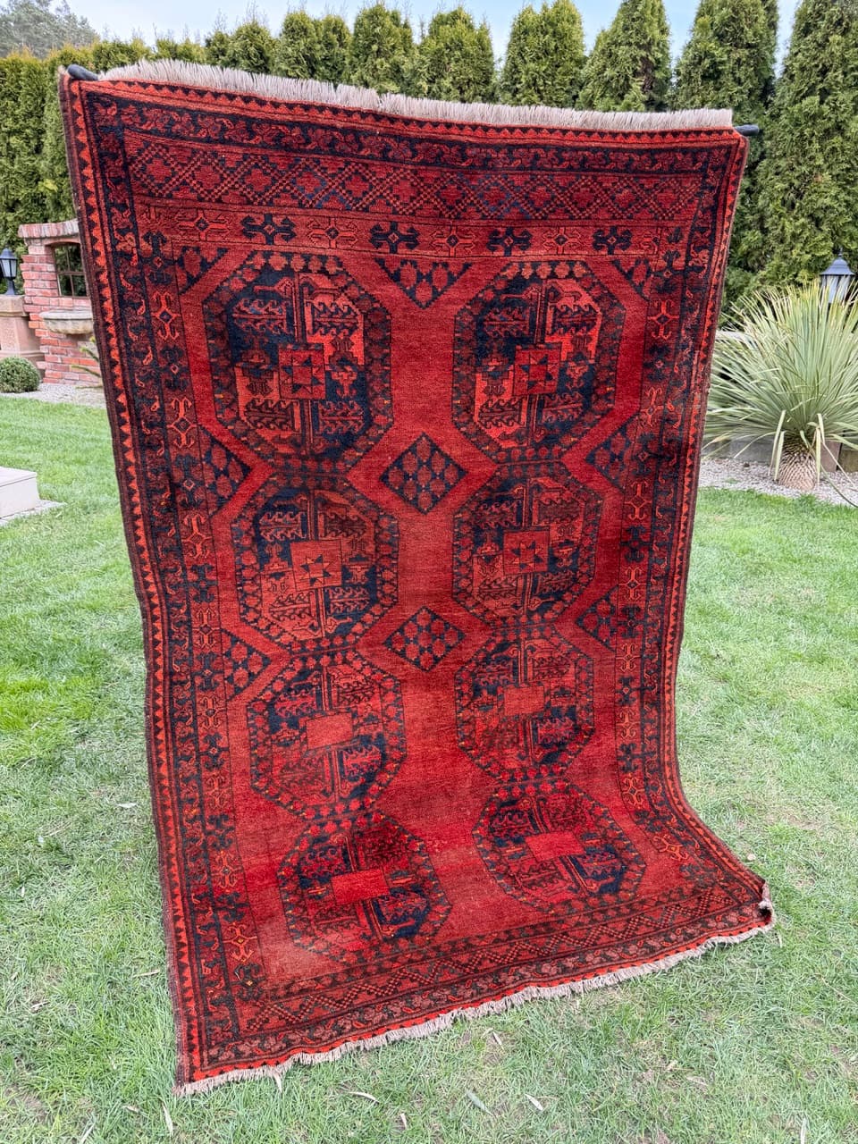 Dywan afgański, czerwony niebieski czarny, wełna, Afganistan, XIX w., 215x135 cm - 297179