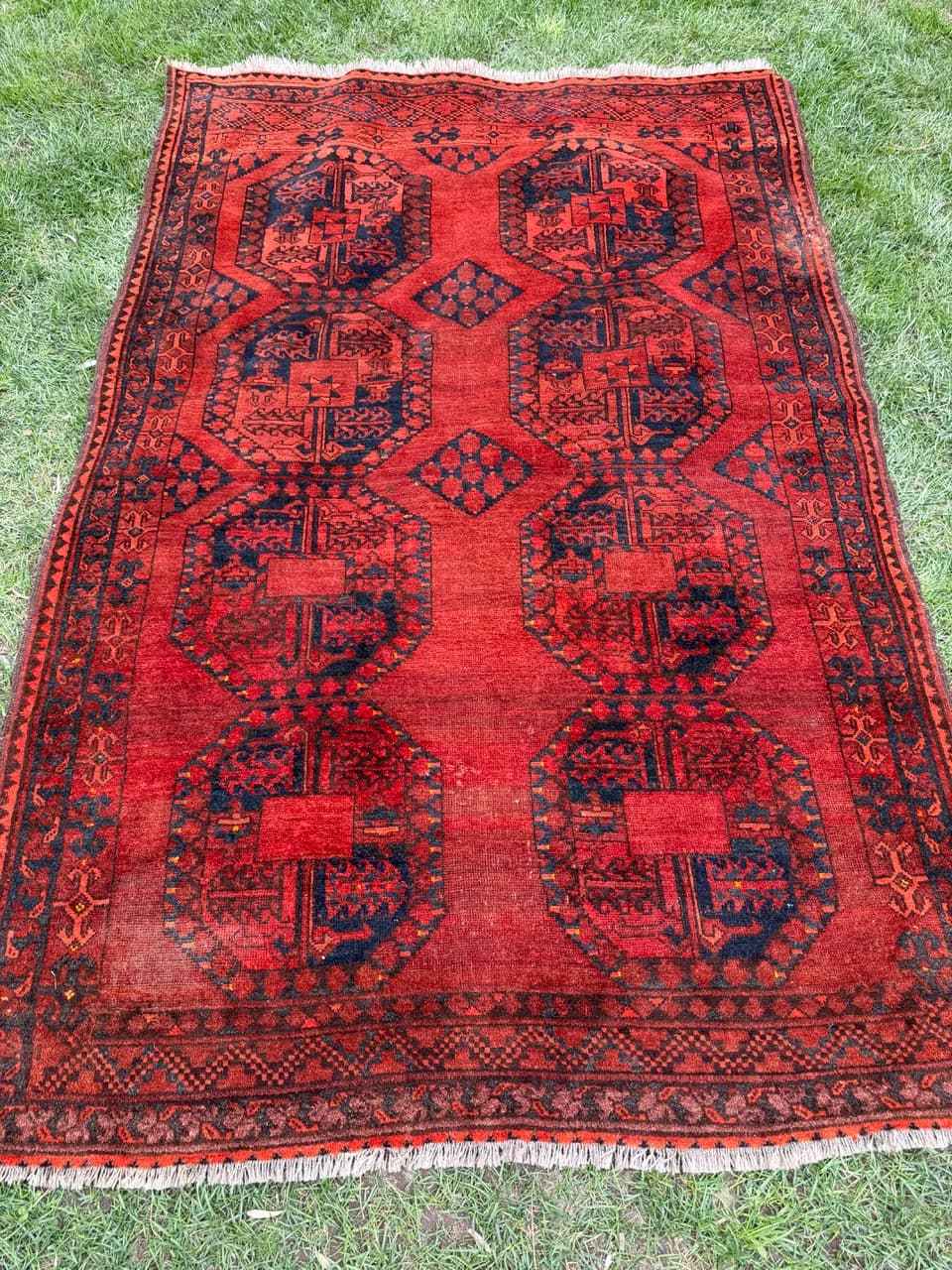 Dywan afgański, czerwony niebieski czarny, wełna, Afganistan, XIX w., 215x135 cm - 297185