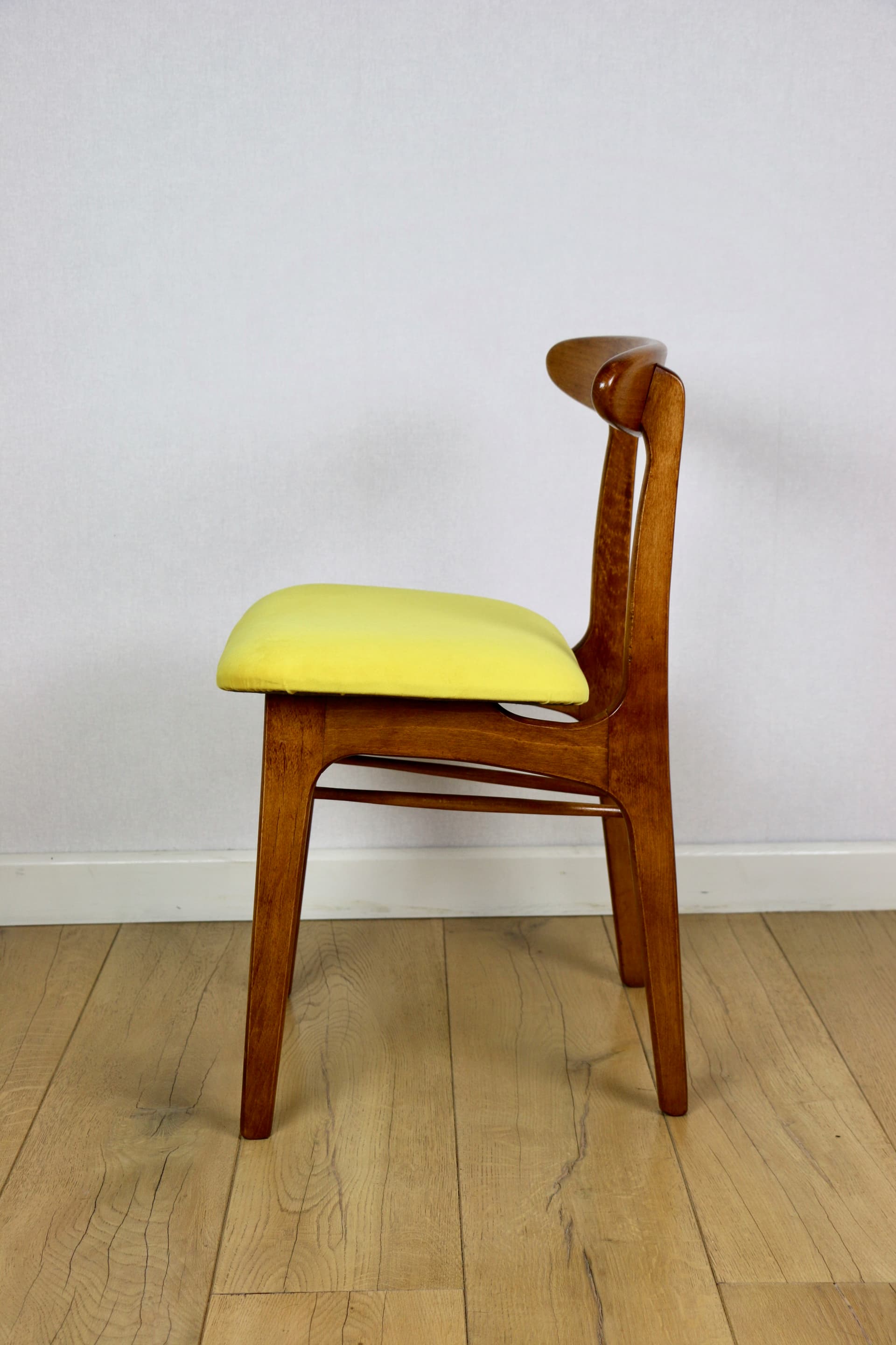 Set of four chairs, yellow cotton, brown beech, by R. Hałas, Poland, 1970s. - 297257