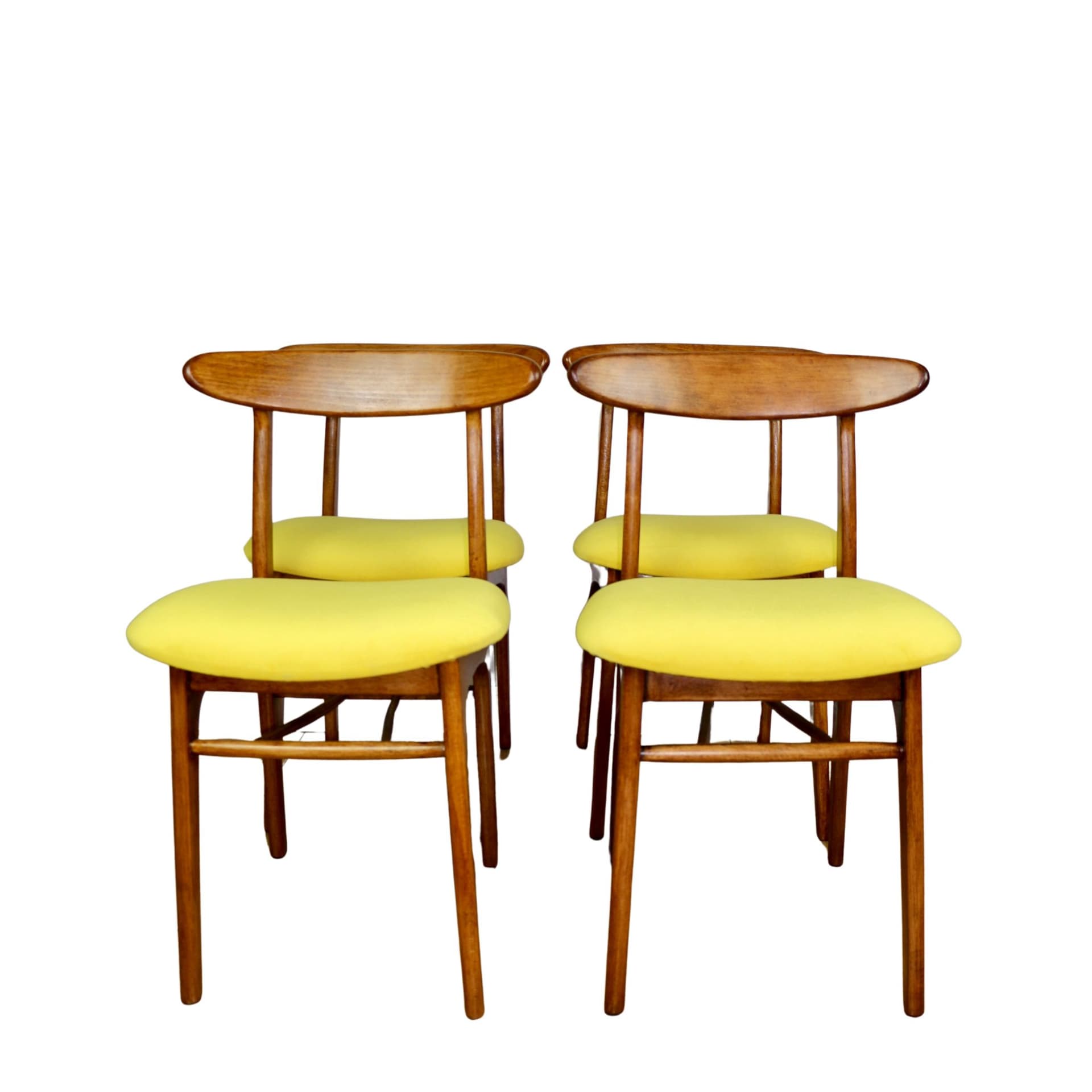 Set of four chairs, yellow cotton, brown beech, by R. Hałas, Poland, 1970s. - 297250