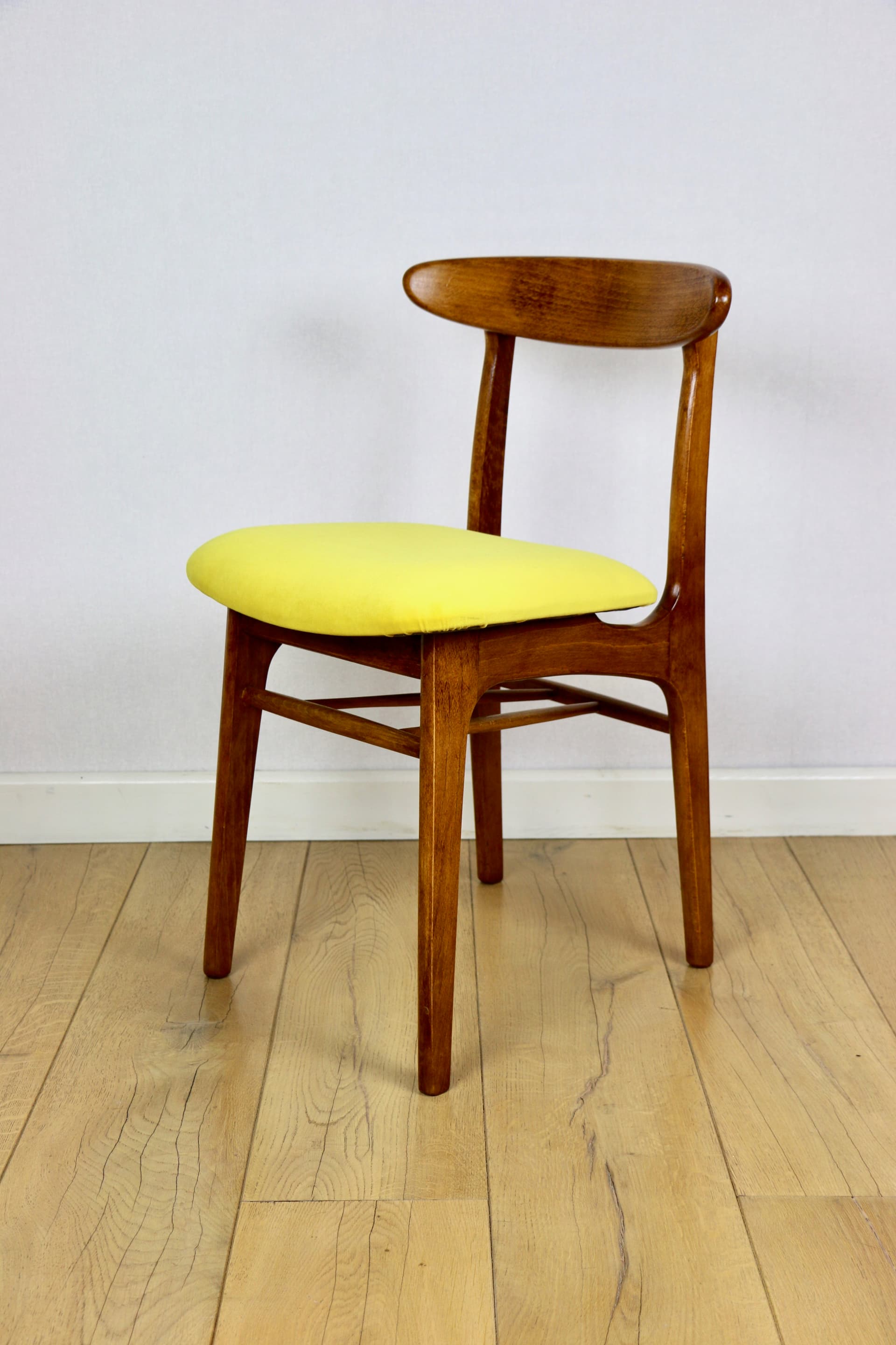 Set of four chairs, yellow cotton, brown beech, by R. Hałas, Poland, 1970s. - 297258