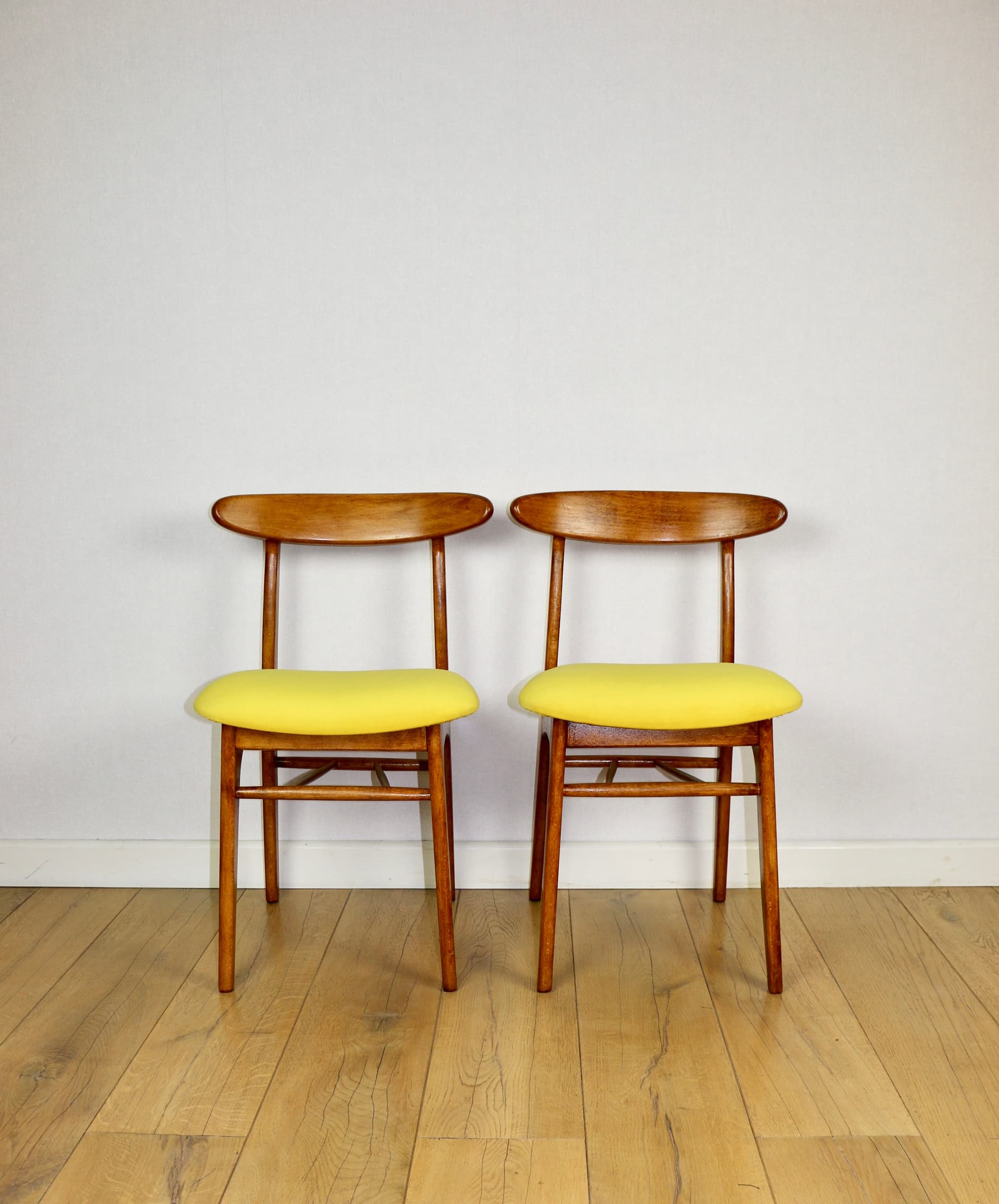 Set of four chairs, yellow cotton, brown beech, by R. Hałas, Poland, 1970s. - 297253