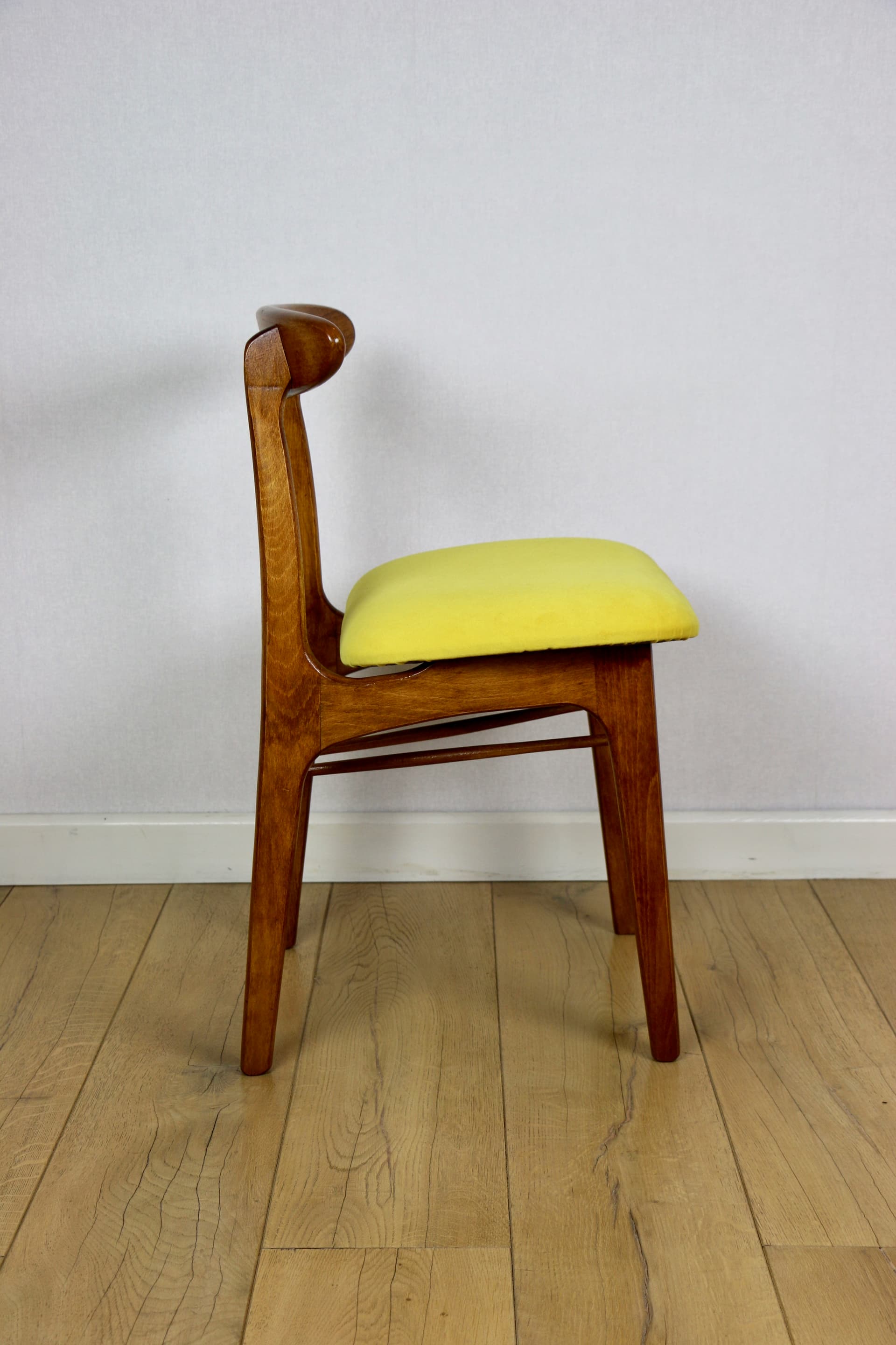 Set of four chairs, yellow cotton, brown beech, by R. Hałas, Poland, 1970s. - 297256