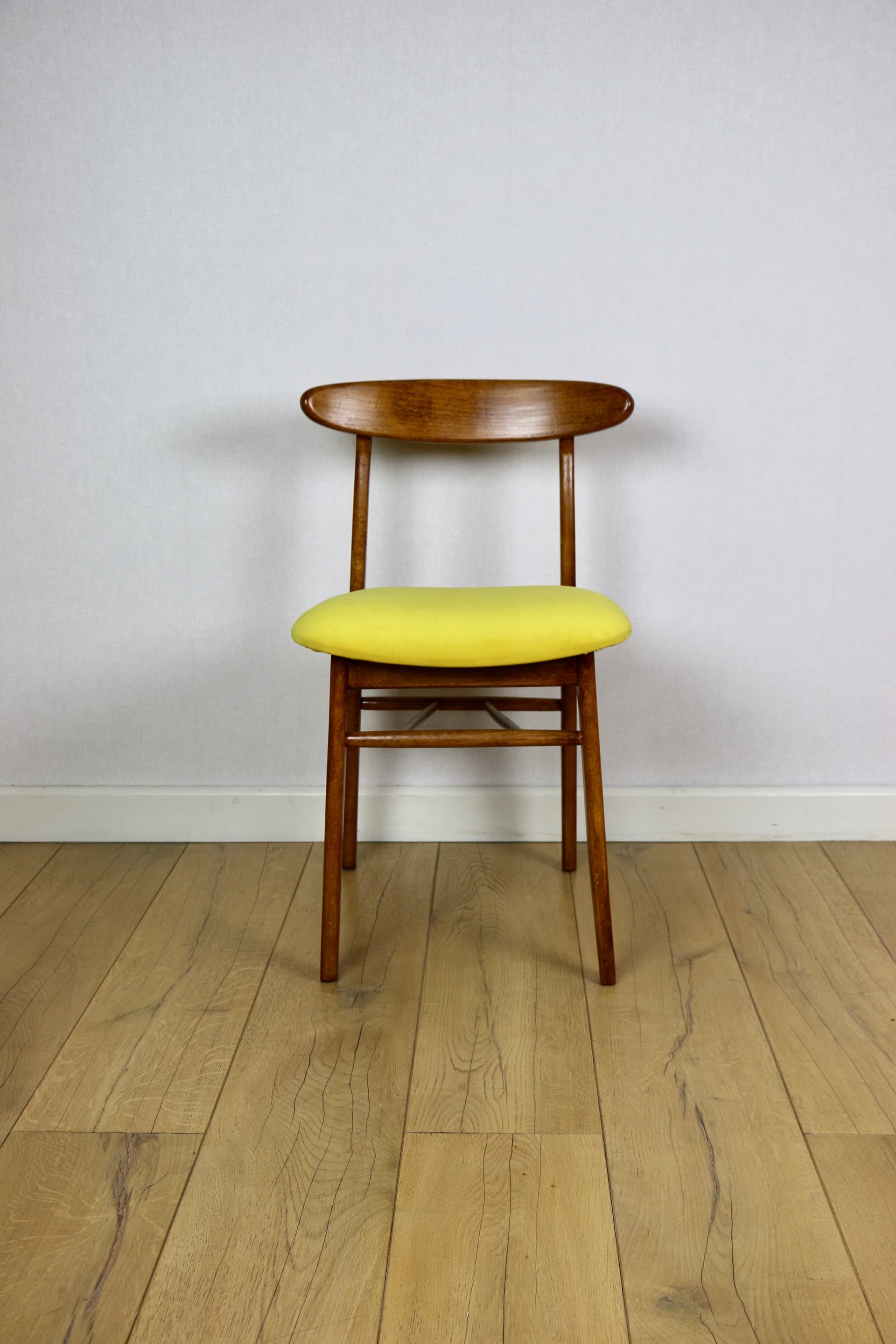 Set of four chairs, yellow cotton, brown beech, by R. Hałas, Poland, 1970s. - 297255