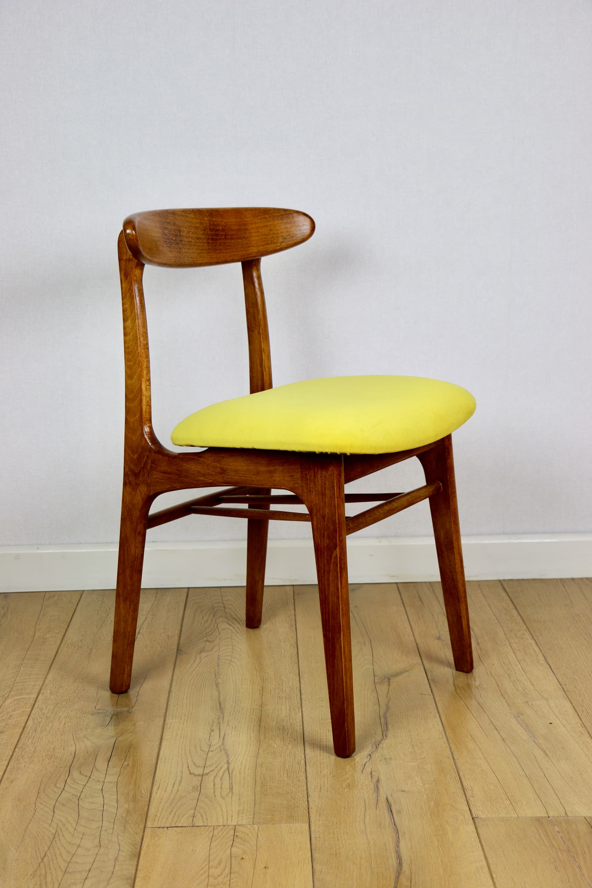 Set of four chairs, yellow cotton, brown beech, by R. Hałas, Poland, 1970s. - 297260