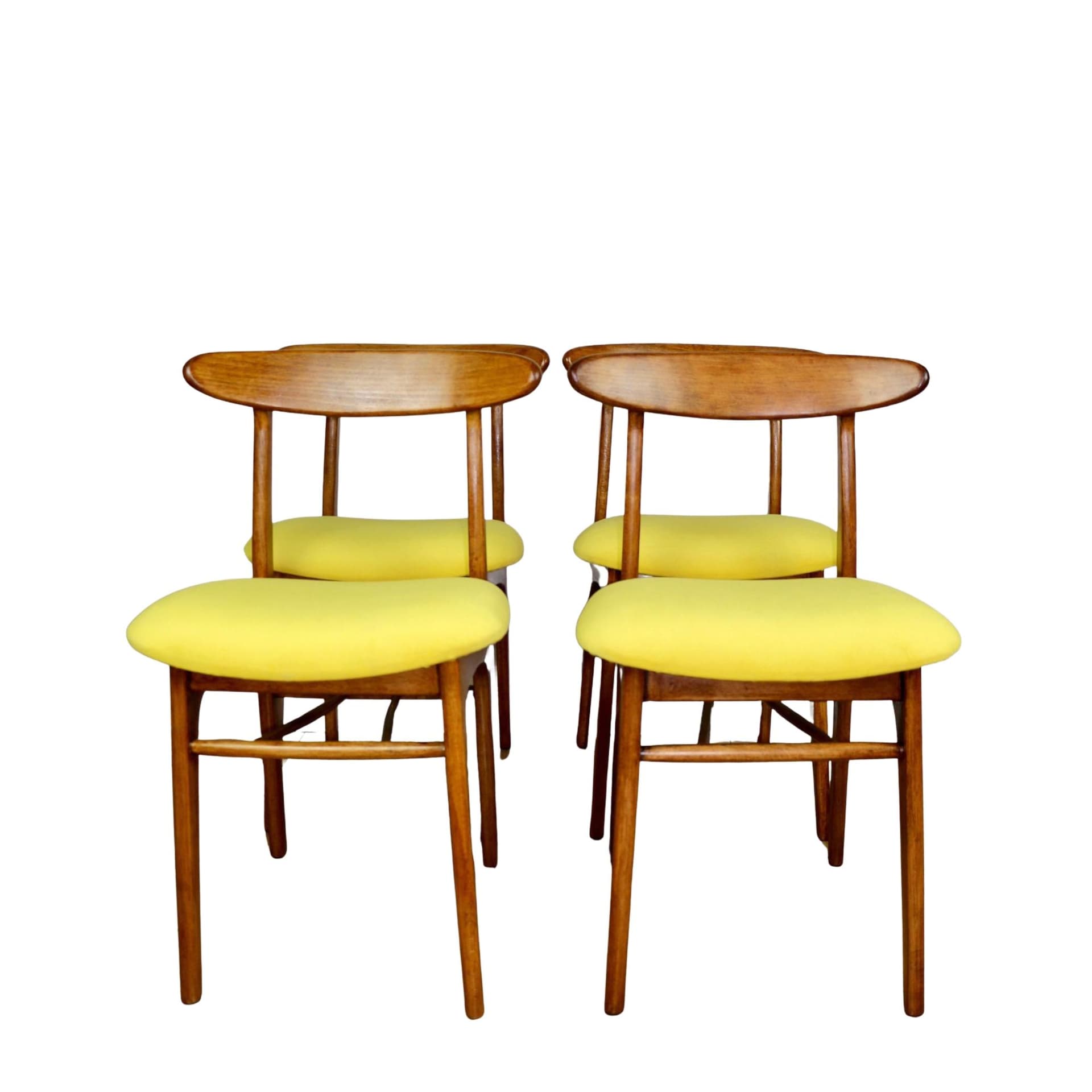 Set of four chairs, yellow cotton, brown beech, by R. Hałas, Poland, 1970s.