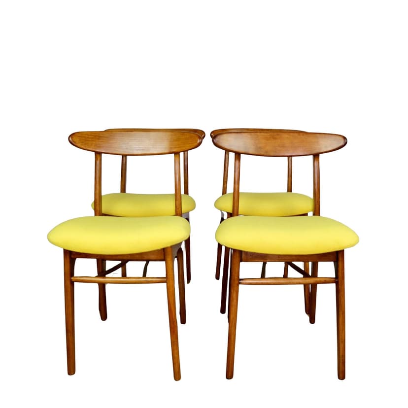 Set of four chairs, yellow cotton, brown beech, by R. Hałas, Poland, 1970s.