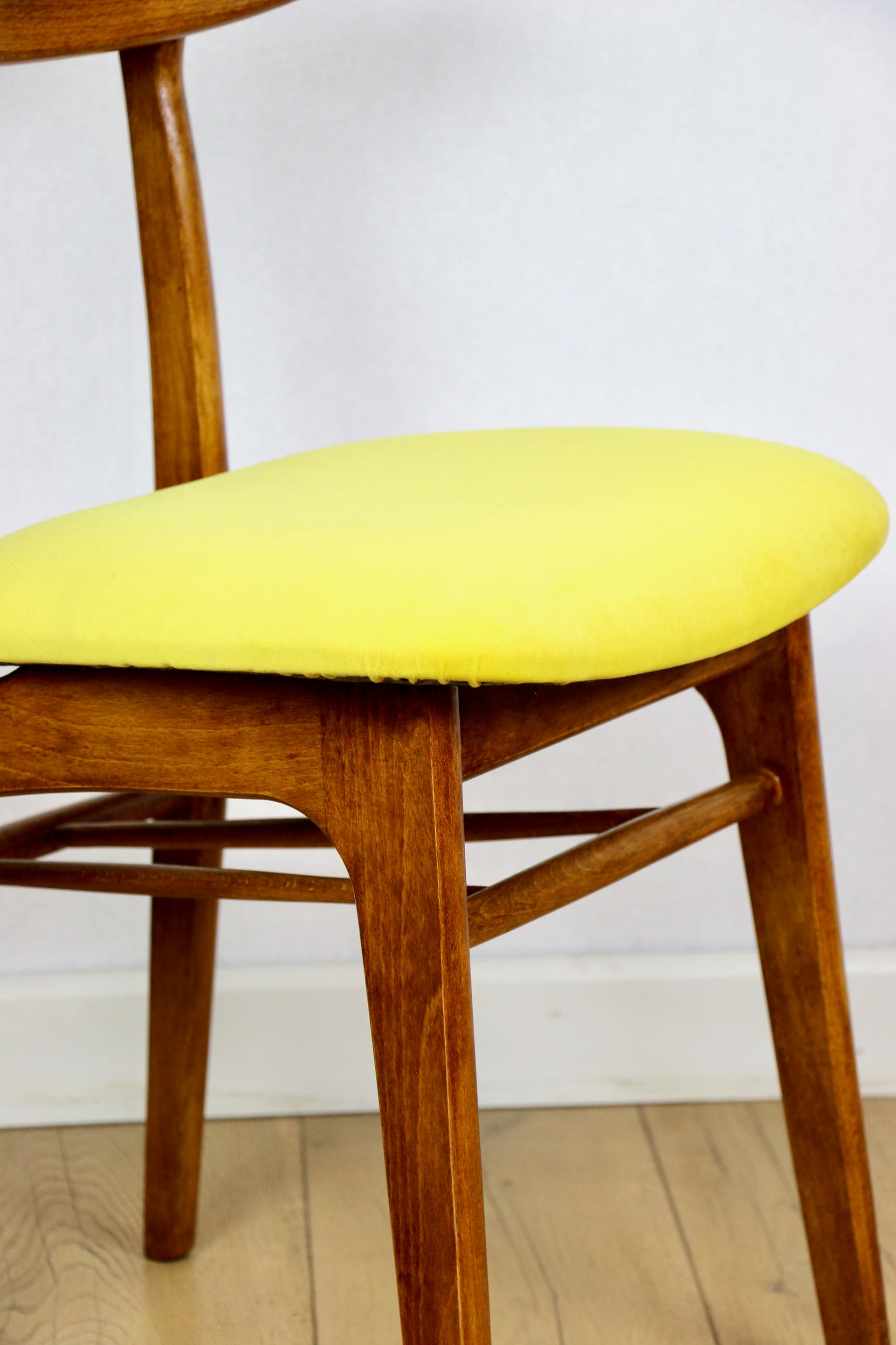 Set of four chairs, yellow cotton, brown beech, by R. Hałas, Poland, 1970s. - 297261