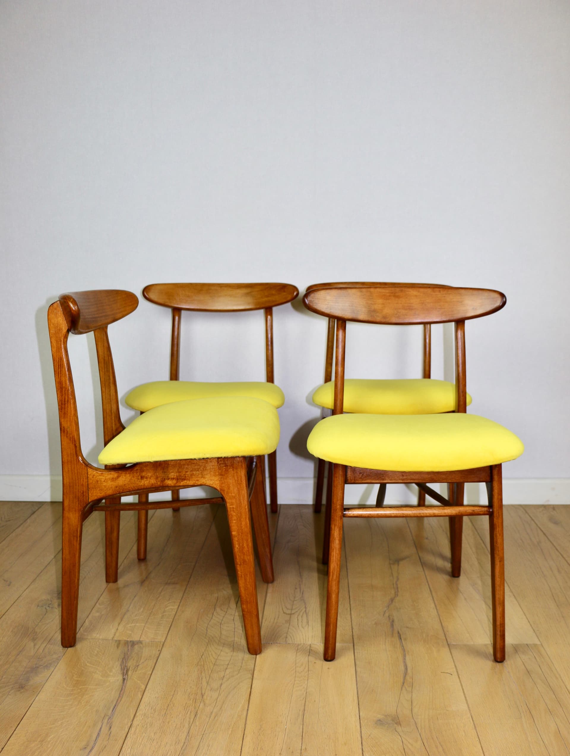 Set of four chairs, yellow cotton, brown beech, by R. Hałas, Poland, 1970s. - 297252