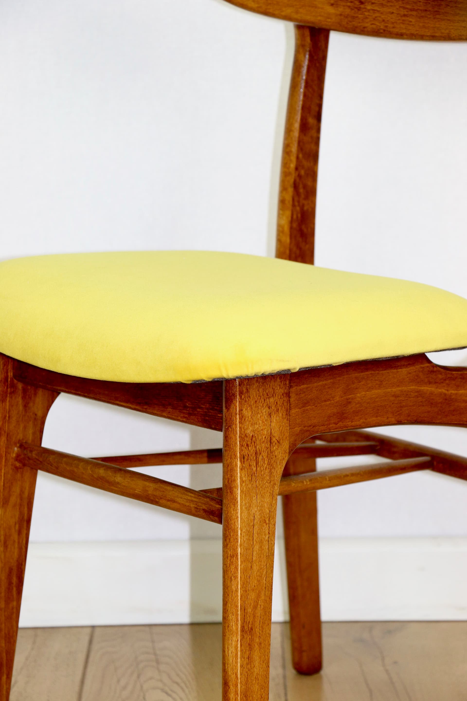 Set of four chairs, yellow cotton, brown beech, by R. Hałas, Poland, 1970s. - 297259