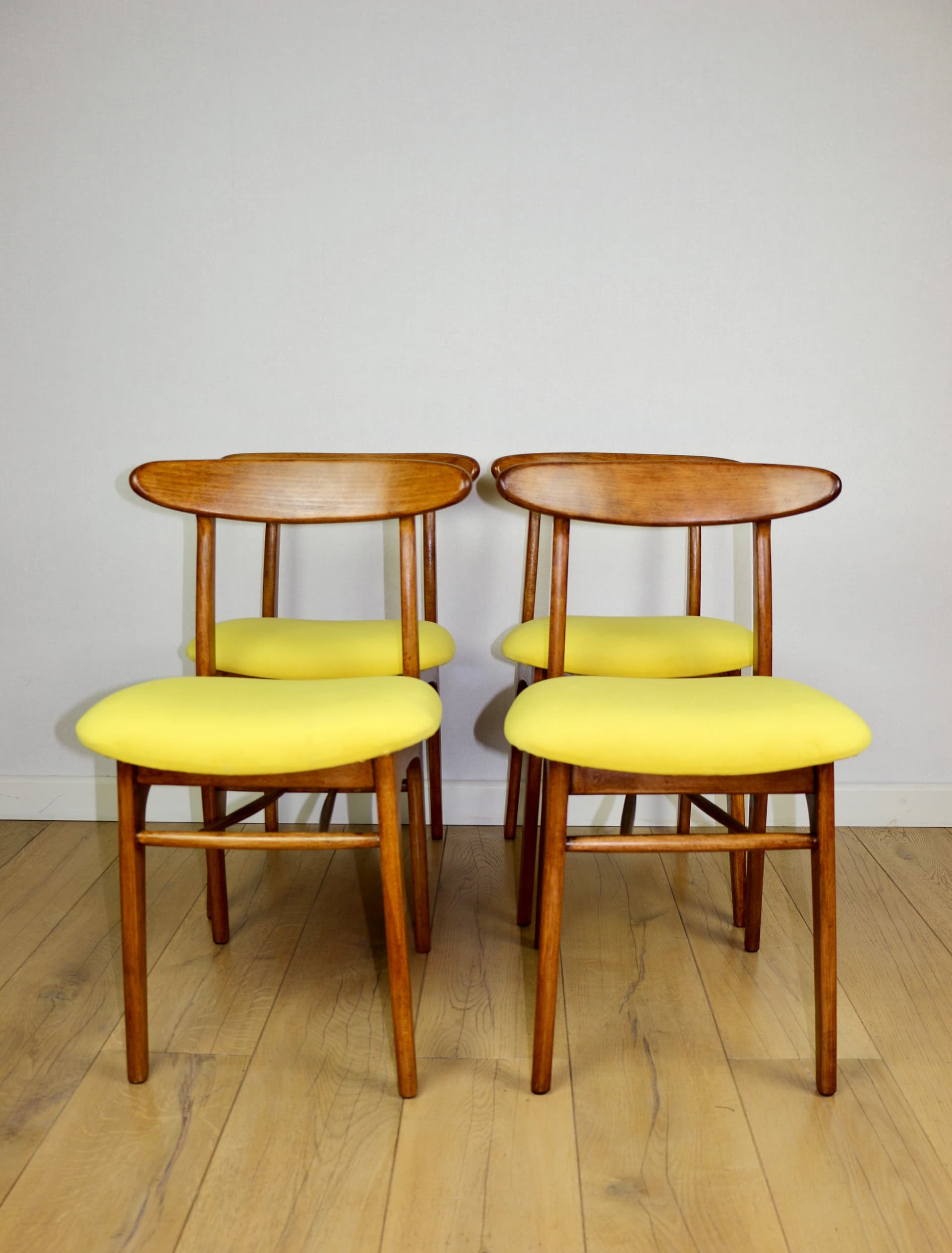 Set of four chairs, yellow cotton, brown beech, by R. Hałas, Poland, 1970s. - 297251