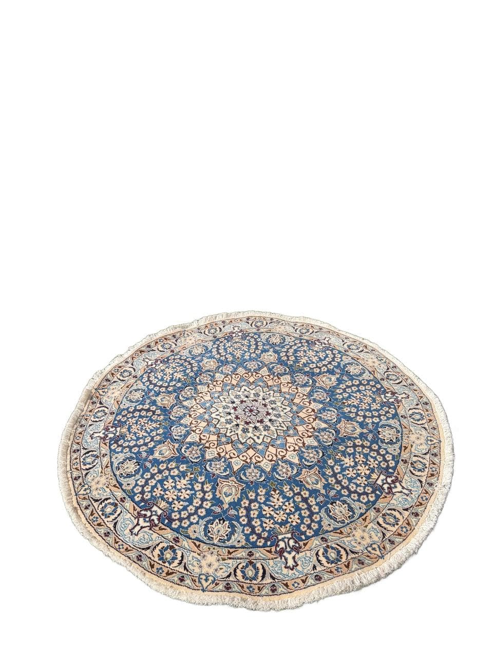 Round Rug Nain, 150x150 cm, blue, wool and silk, Iran