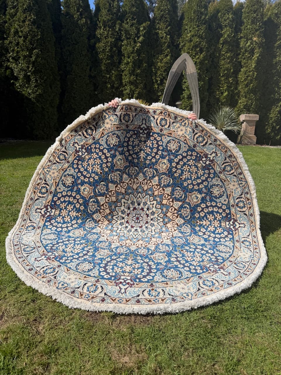 Round Rug Nain, 150x150 cm, blue, wool and silk, Iran - 297304