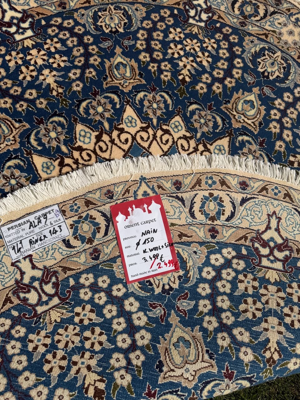 Round Rug Nain, 150x150 cm, blue, wool and silk, Iran - 297309